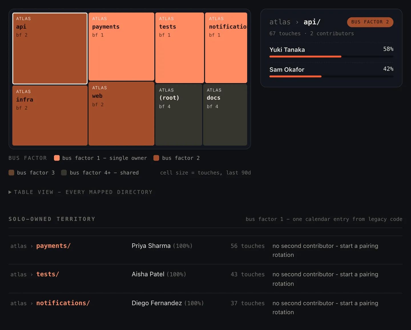 The knowledge map: a treemap of code areas sized by activity and coloured by ownership risk, the single-owner areas burning hottest.